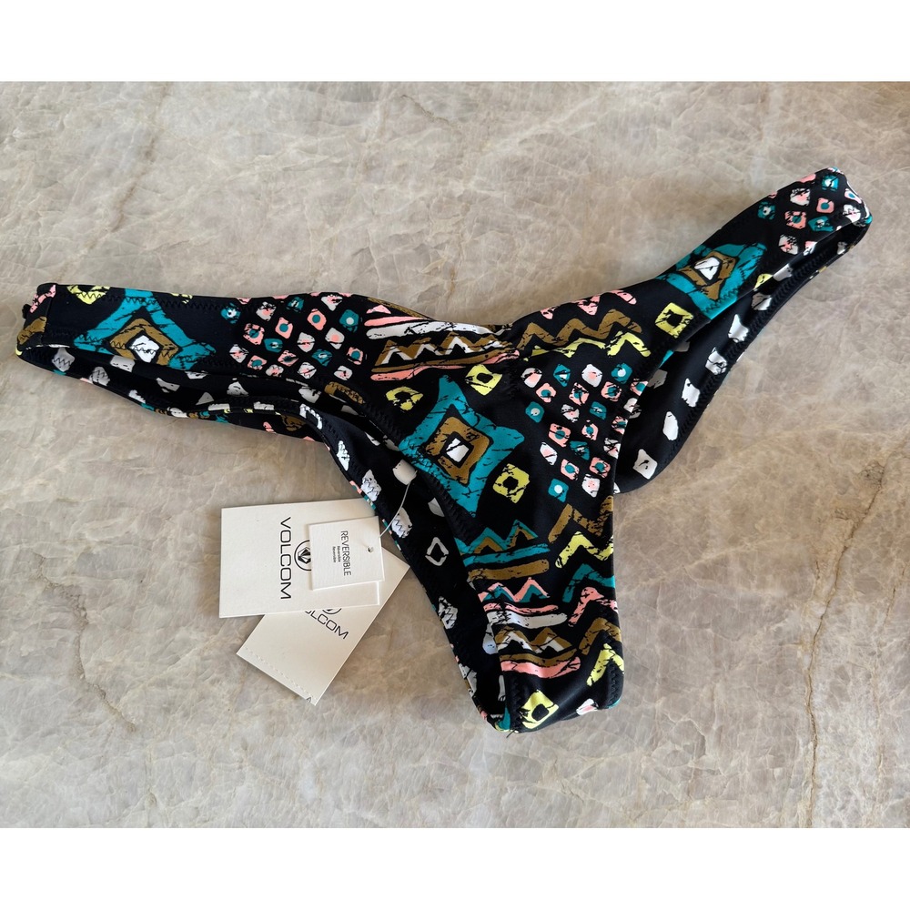 Volcom Simply Solid Reversible V-Bikini Bottoms Black Multi Tribal Print Lg New - Picture 5 of 9